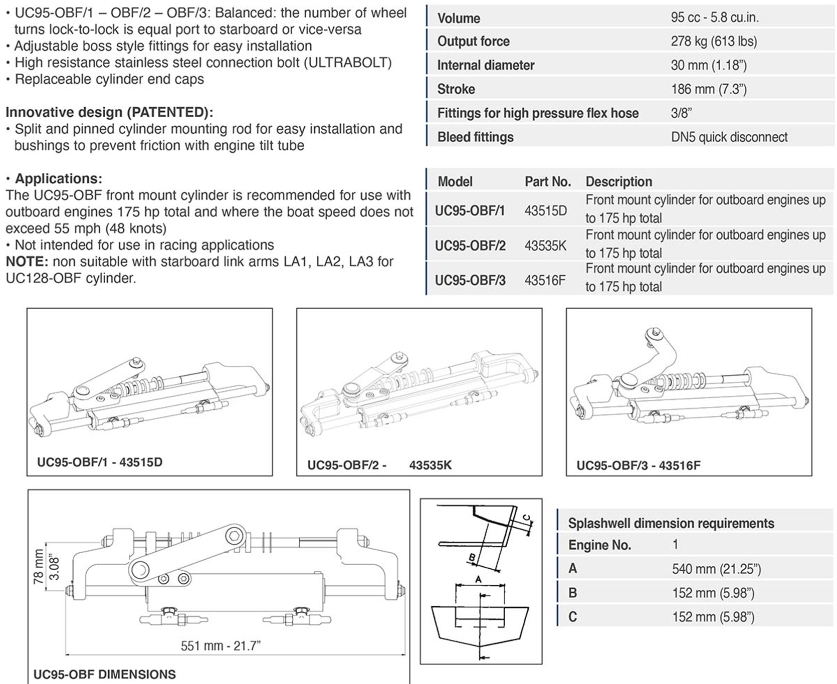 UC95OBF Front Mount Hydraulic Boat Steering Cylinder Outboards